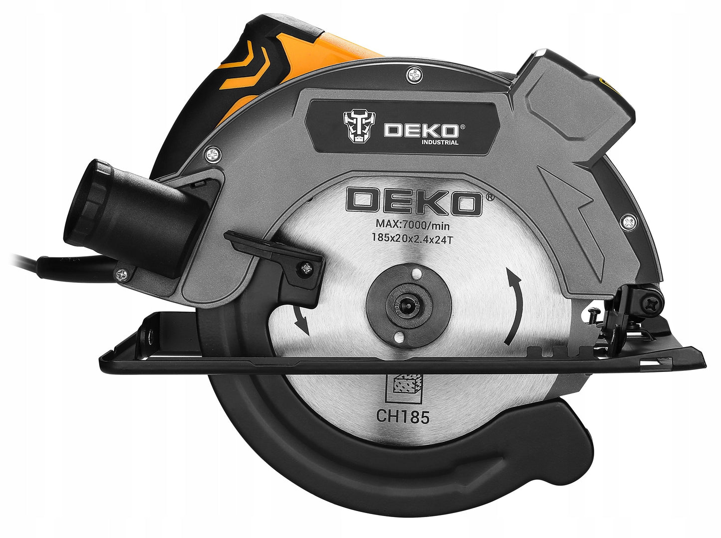 DEKO galingas 1600W rankinis diskinis pjūklas medžiui su 185 mm disku, lazeriniu vedliu ir reguliuojamu pjovimo kampu