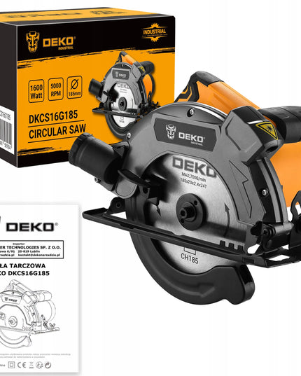 DEKO galingas 1600W rankinis diskinis pjūklas medžiui su 185 mm disku, lazeriniu vedliu ir reguliuojamu pjovimo kampu