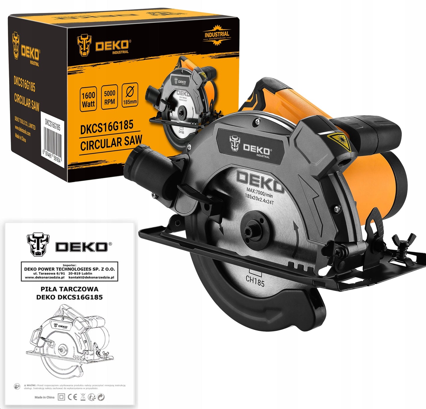 DEKO galingas 1600W rankinis diskinis pjūklas medžiui su 185 mm disku, lazeriniu vedliu ir reguliuojamu pjovimo kampu