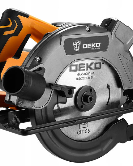 DEKO galingas 1600W rankinis diskinis pjūklas medžiui su 185 mm disku, lazeriniu vedliu ir reguliuojamu pjovimo kampu