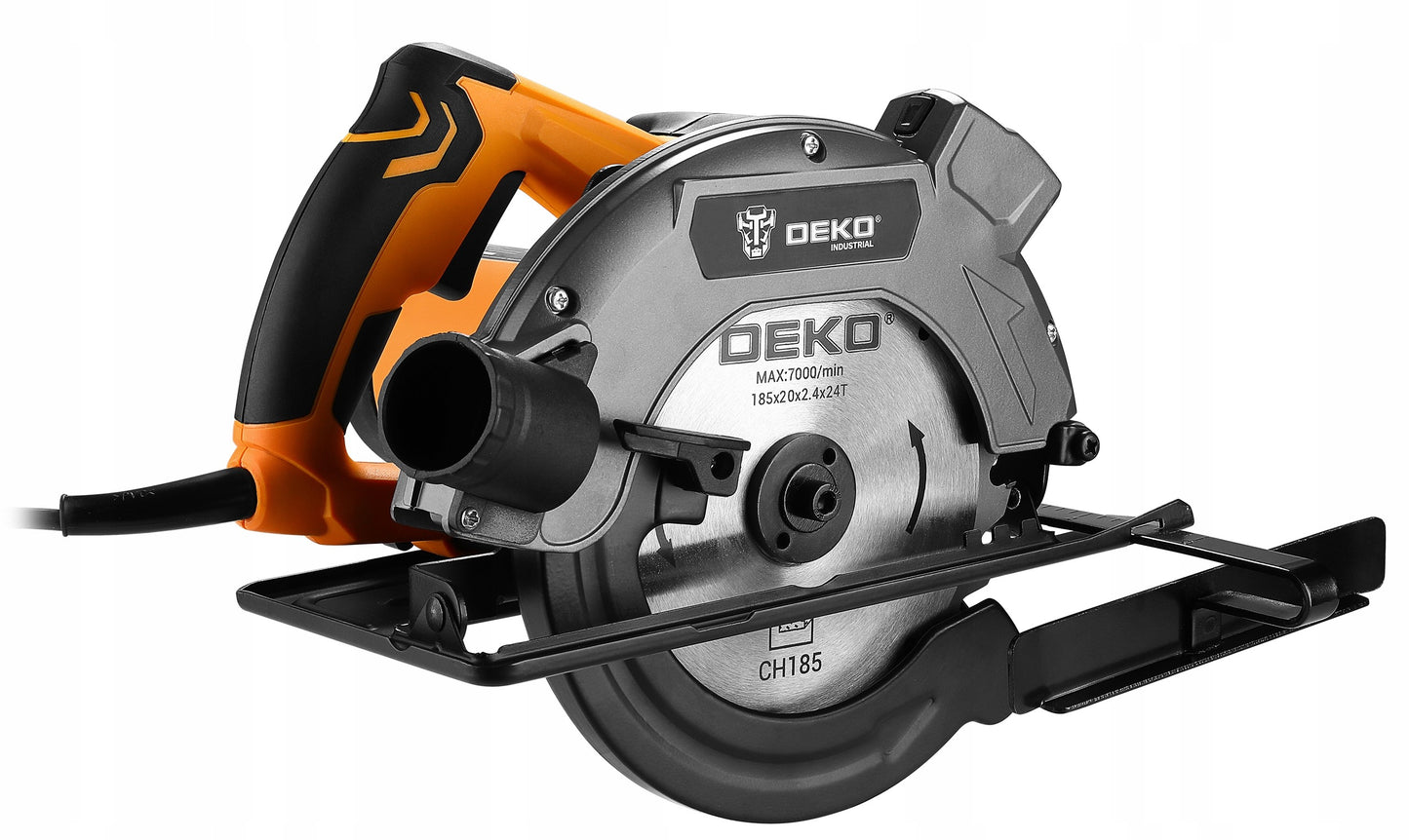 DEKO galingas 1600W rankinis diskinis pjūklas medžiui su 185 mm disku, lazeriniu vedliu ir reguliuojamu pjovimo kampu