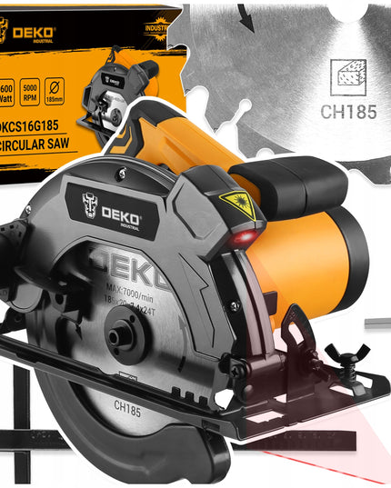 DEKO galingas 1600W rankinis diskinis pjūklas medžiui su 185 mm disku, lazeriniu vedliu ir reguliuojamu pjovimo kampu