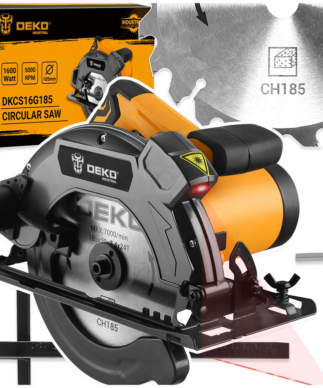 DEKO galingas 1600W rankinis diskinis pjūklas medžiui su 185 mm disku, lazeriniu vedliu ir reguliuojamu pjovimo kampu