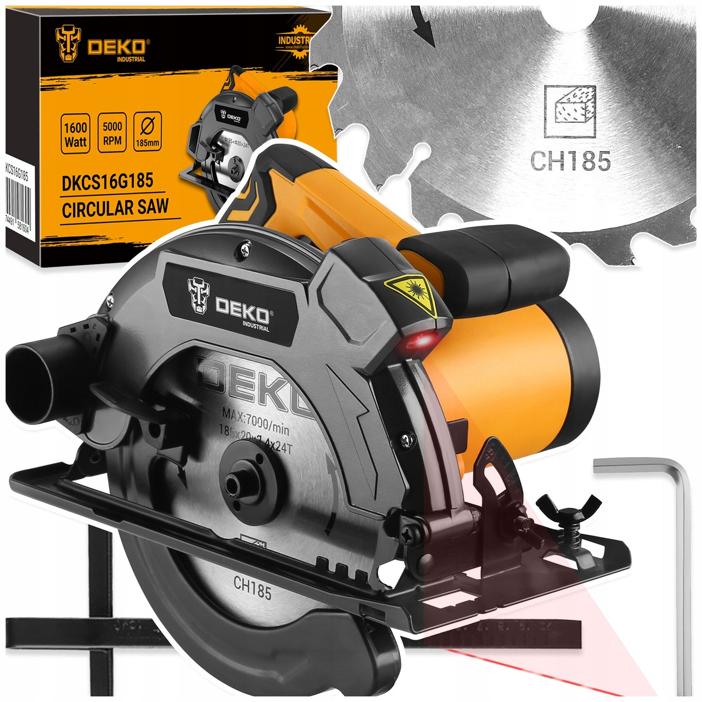 DEKO galingas 1600W rankinis diskinis pjūklas medžiui su 185 mm disku, lazeriniu vedliu ir reguliuojamu pjovimo kampu