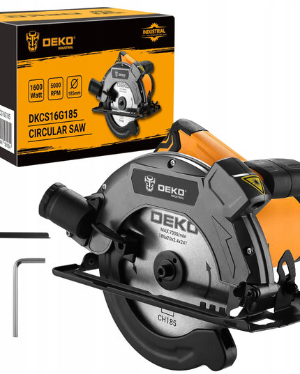 DEKO galingas 1600W rankinis diskinis pjūklas medžiui su 185 mm disku, lazeriniu vedliu ir reguliuojamu pjovimo kampu