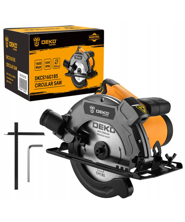 DEKO galingas 1600W rankinis diskinis pjūklas medžiui su 185 mm disku, lazeriniu vedliu ir reguliuojamu pjovimo kampu