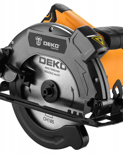 DEKO galingas 1600W rankinis diskinis pjūklas medžiui su 185 mm disku, lazeriniu vedliu ir reguliuojamu pjovimo kampu