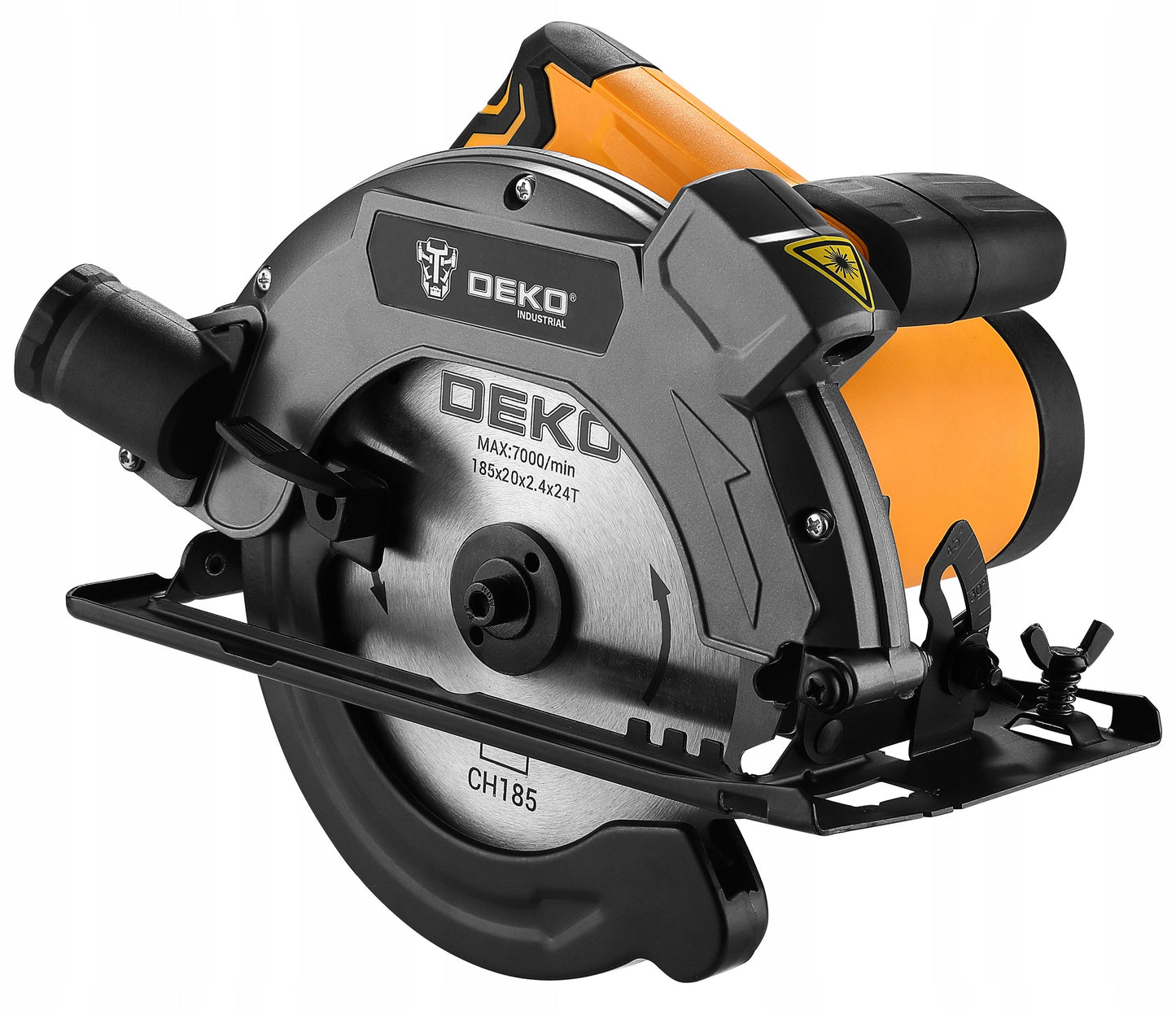 DEKO galingas 1600W rankinis diskinis pjūklas medžiui su 185 mm disku, lazeriniu vedliu ir reguliuojamu pjovimo kampu