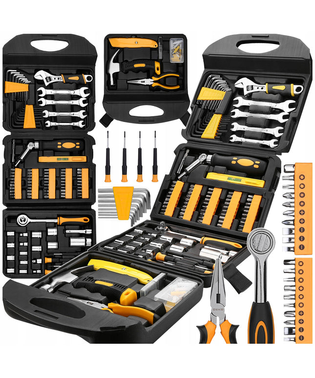 DEKO DKMT165 įrankių rinkinys lagamine 165 vnt. – raktai, terkšlė, atsuktuvai, plaktukas, šešiakampiai