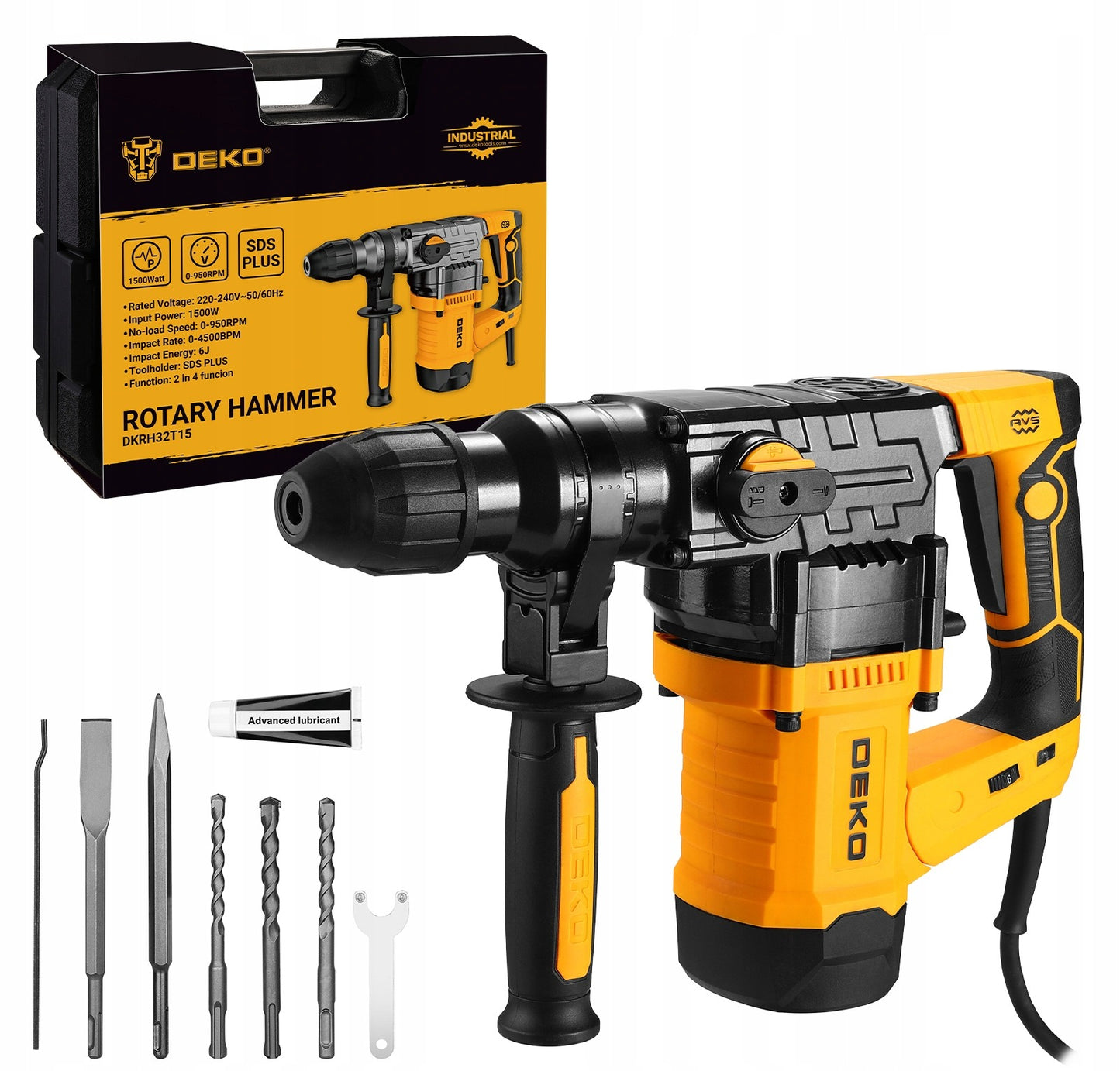 DEKO DKRH32T15 1500W smūginis perforatorius SDS+ su kaltu, grąžtais ir lagaminu