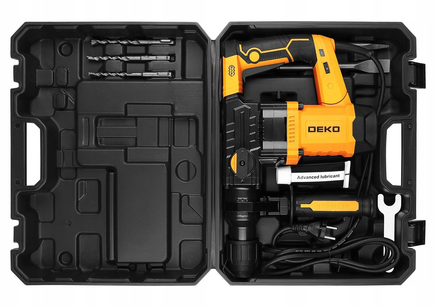 DEKO DKRH32T15 1500W smūginis perforatorius SDS+ su kaltu, grąžtais ir lagaminu