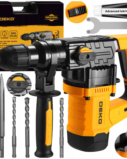DEKO DKRH32T15 1500W smūginis perforatorius SDS+ su kaltu, grąžtais ir lagaminu