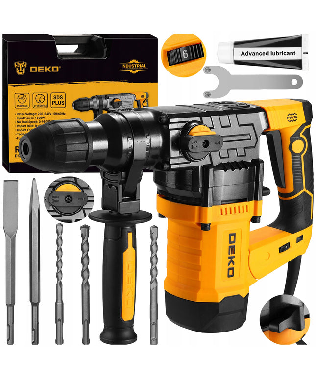 DEKO DKRH32T15 1500W smūginis perforatorius SDS+ su kaltu, grąžtais ir lagaminu