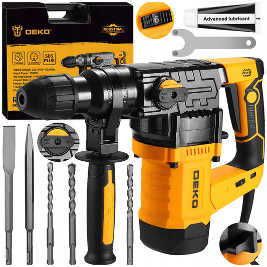 DEKO DKRH32T15 1500W smūginis perforatorius SDS+ su kaltu, grąžtais ir lagaminu