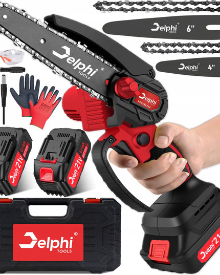 Delphi Tools bešepetis akumuliatorinis grandininis pjūklas 6" su 2x21V baterijomis, lagaminu ir priedais