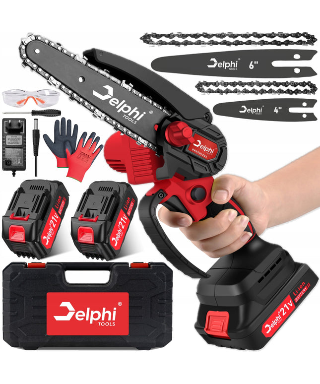 Delphi Tools bešepetis akumuliatorinis grandininis pjūklas 6" su 2x21V baterijomis, lagaminu ir priedais