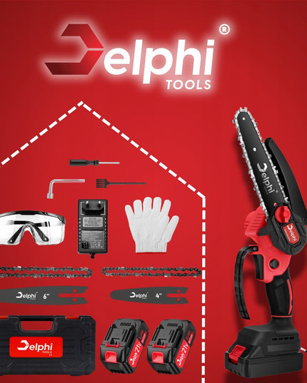 Delphi Tools bešepetis akumuliatorinis grandininis pjūklas 6" su 2x21V baterijomis, lagaminu ir priedais