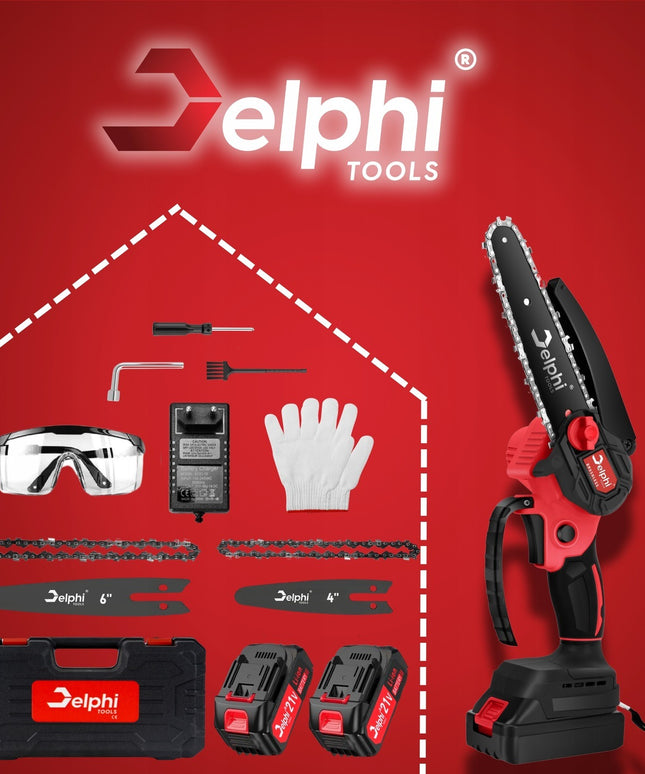 Delphi Tools bešepetis akumuliatorinis grandininis pjūklas 6" su 2x21V baterijomis, lagaminu ir priedais