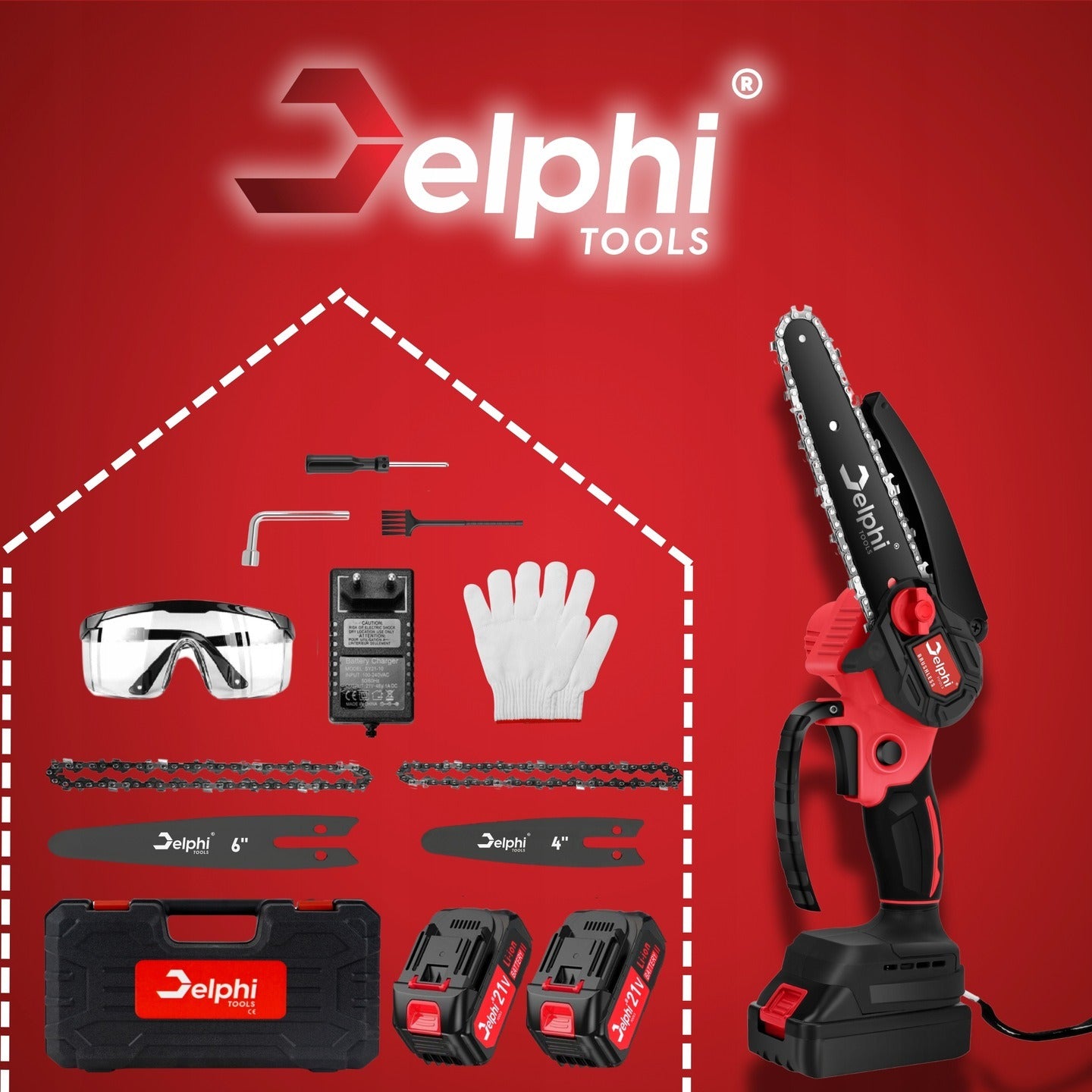 Delphi Tools bešepetis akumuliatorinis grandininis pjūklas 6" su 2x21V baterijomis, lagaminu ir priedais