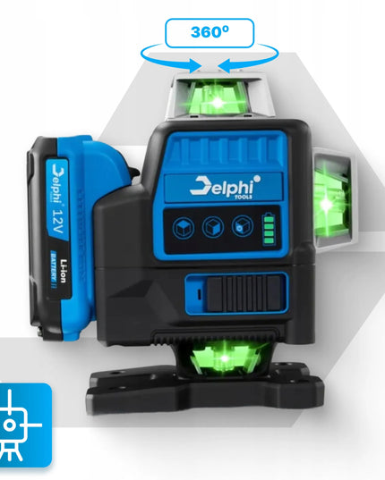 Delphi tools PRO lazerinis nivelyras 360° 4D žalias 16 linijų su stovu ir 2 akumuliatoriais