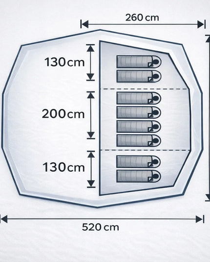 Didelė 24 m² aukšta XXL palapinė, 8 vietų, 5000 mm, integruotas pagrindas