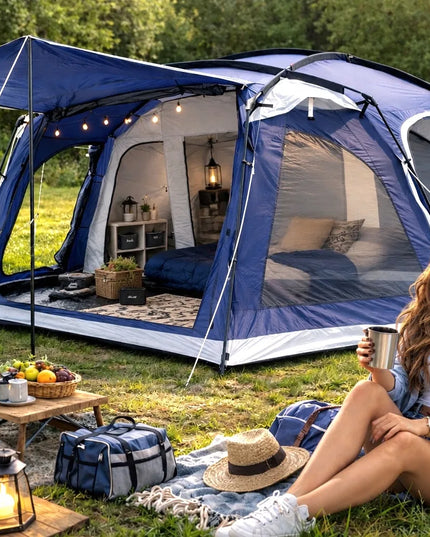 Didelė 24 m² aukšta XXL palapinė, 8 vietų, 5000 mm, integruotas pagrindas
