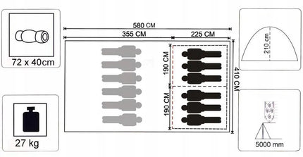 Didelė 25 m² šeimyninė palapinė NEVADA XXL, skirta 6–12 asmenų, 5000 mm, „Sleep Well“ technologija
