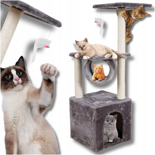 Didelis pilkas draskyklės bokštas katėms su nameliu, tuneliu, gultu ir žaislu – Omna 93 cm