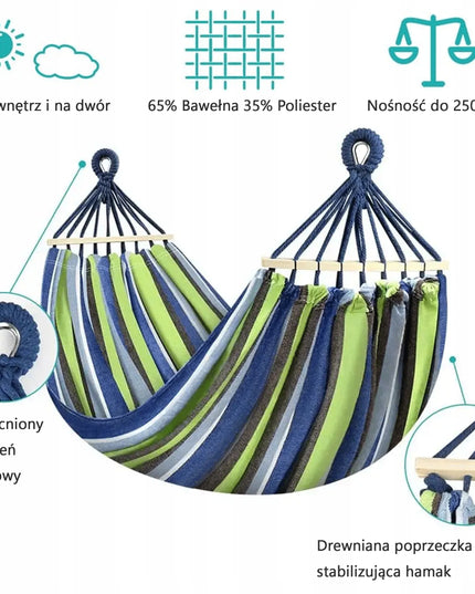 Didelis dvivietis sodo hamakas XXL 260x155 su kareriu ir krepšiu