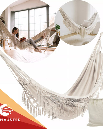 DIDELIS sodo hamakas BOHO kutai turistinis hamakas balkonui ŠVIESIAI SMĖLINIS