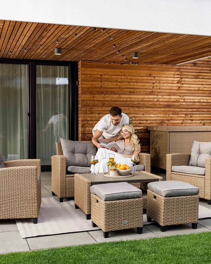 Didelis technorattano sodo baldų komplektas: sofa, foteliai, staliukas, pufai + dovana