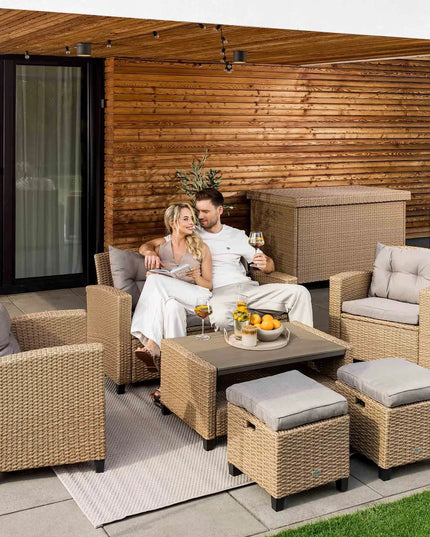 Didelis technorattano sodo baldų komplektas: sofa, foteliai, staliukas, pufai + dovana