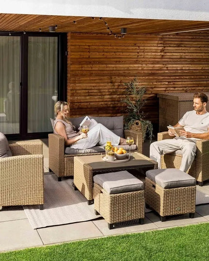 Didelis technorattano sodo baldų komplektas: sofa, foteliai, staliukas, pufai + dovana