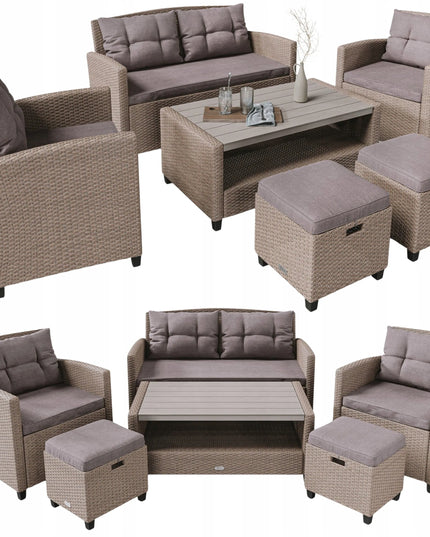 Didelis technorattano sodo baldų komplektas: sofa, foteliai, staliukas, pufai + dovana