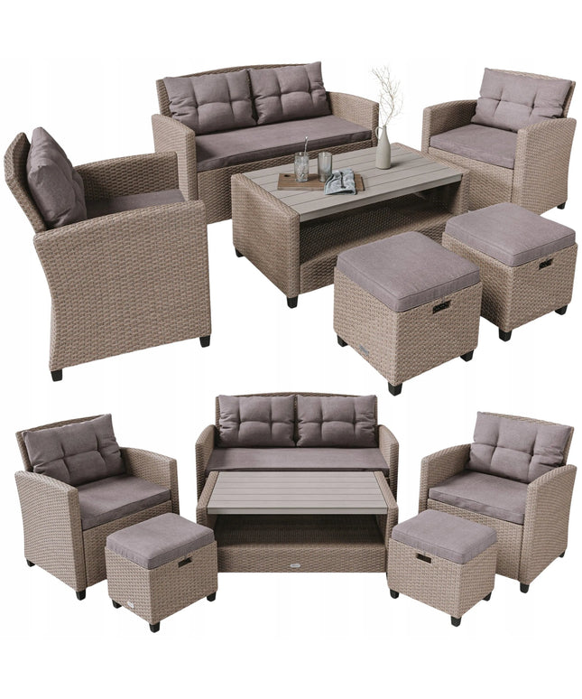 Didelis technorattano sodo baldų komplektas: sofa, foteliai, staliukas, pufai + dovana