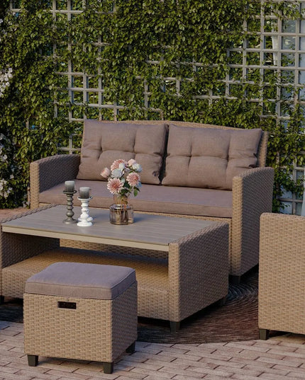 Didelis technorattano sodo baldų komplektas: sofa, foteliai, staliukas, pufai + dovana