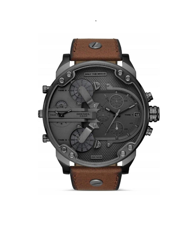 Vyriškas laikrodis Diesel DZ7413 Mr. Daddy 2.0 – kvarcinis mechanizmas, rudos odinės apyrankės dizainas, chronografas, WR30