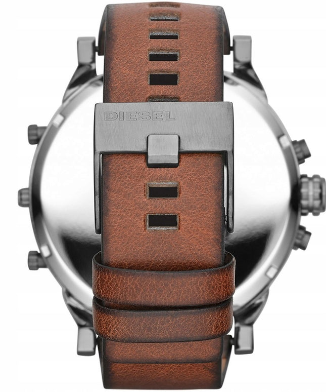 Vyriškas laikrodis Diesel DZ7413 Mr. Daddy 2.0 – kvarcinis mechanizmas, rudos odinės apyrankės dizainas, chronografas, WR30