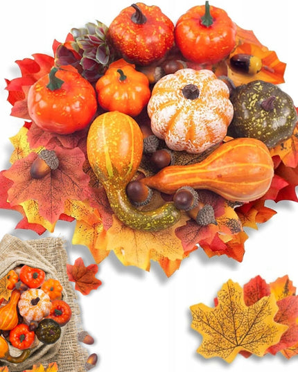 Dirbtiniai Moliūgai, Lapai ir Gilių Rinkinys, 48vnt, Helovinui ir Rudens Dekoracijoms