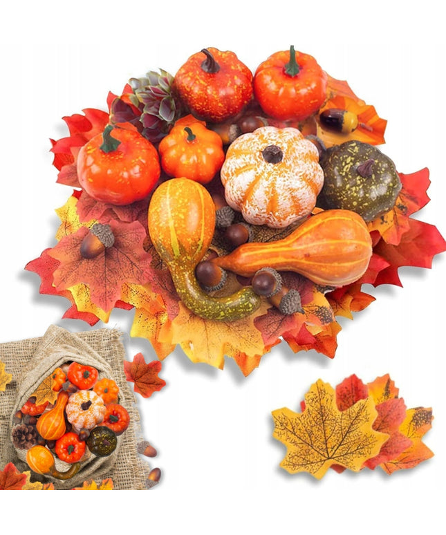 Dirbtiniai Moliūgai, Lapai ir Gilių Rinkinys, 48vnt, Helovinui ir Rudens Dekoracijoms