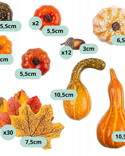 Dirbtiniai Moliūgai, Lapai ir Gilių Rinkinys, 48vnt, Helovinui ir Rudens Dekoracijoms