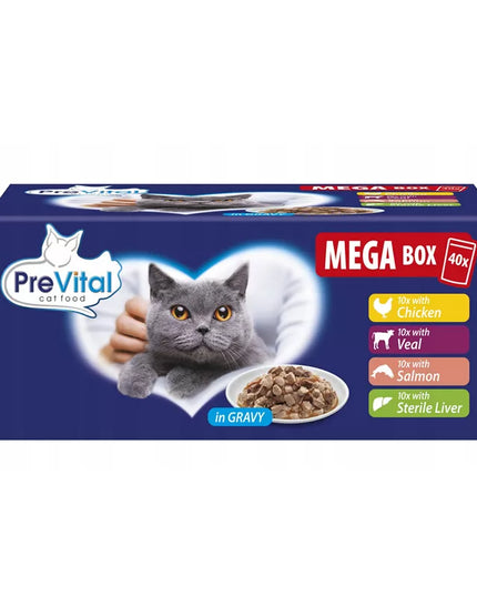Drėgnas kačių ėdalas PreVital maišeliai skonių rinkinys padaže megabox 40 vnt. x 100g