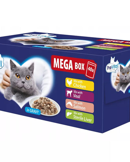 Drėgnas kačių ėdalas PreVital maišeliai skonių rinkinys padaže megabox 40 vnt. x 100g