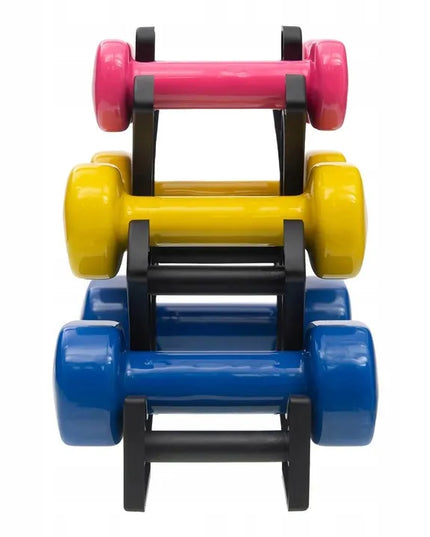 DrFit 6 vnt. spalvotų hantelių rinkinys su stovu, 12 kg - Cardio, Fitnesui, Pilatesui