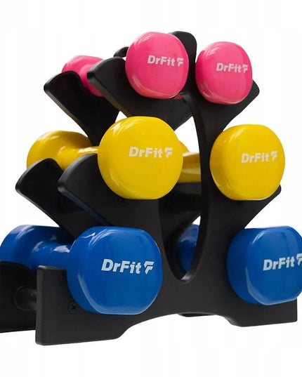 DrFit 6 vnt. spalvotų hantelių rinkinys su stovu, 12 kg - Cardio, Fitnesui, Pilatesui