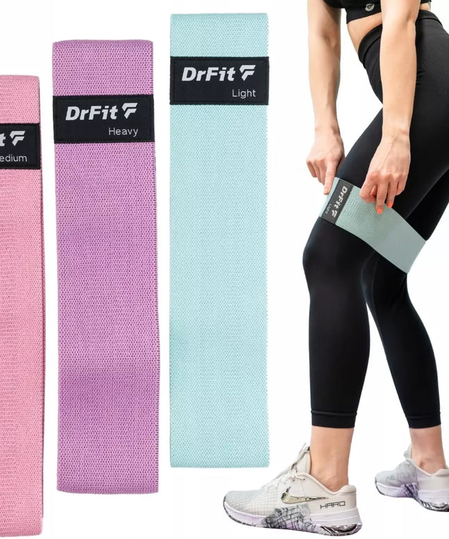 DrFit audinės pasipriešinimo gumos treniruotėms, fitnesui, pilatesui, 3 vnt. + NEMOKAMA treniruotė