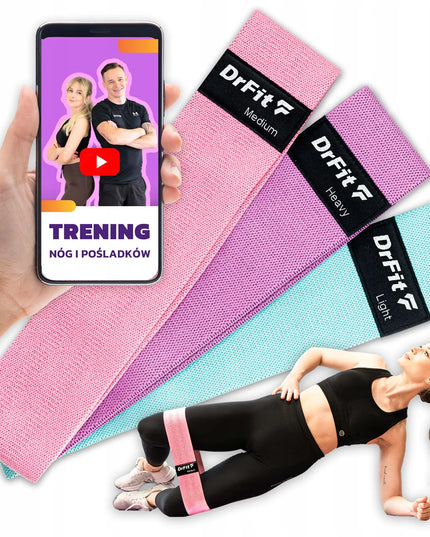 DrFit audinės pasipriešinimo gumos treniruotėms, fitnesui, pilatesui, 3 vnt. + NEMOKAMA treniruotė