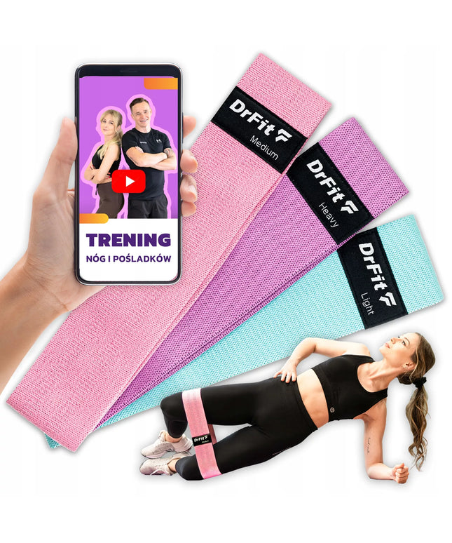 DrFit audinės pasipriešinimo gumos treniruotėms, fitnesui, pilatesui, 3 vnt. + NEMOKAMA treniruotė