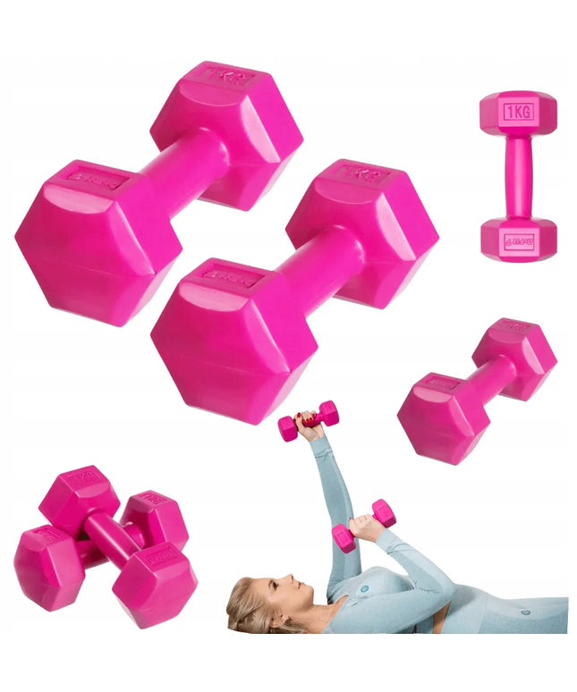 DrFit bituminiai hanteliai 2x 1 kg, rožiniai, skirti fitneso pratimams