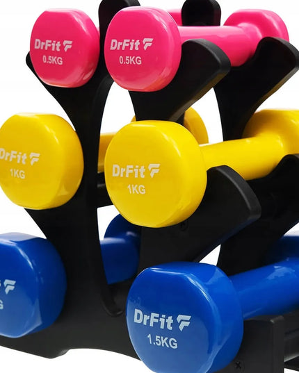 DrFit hantelių rinkinys su stovu, gumuoti spalvoti svarmenys, 6 vnt., įvairus svoris, 6 kg